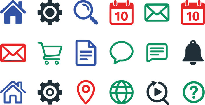 Web interface icon set home calendar mail settings message location pin document vector illustration button collection