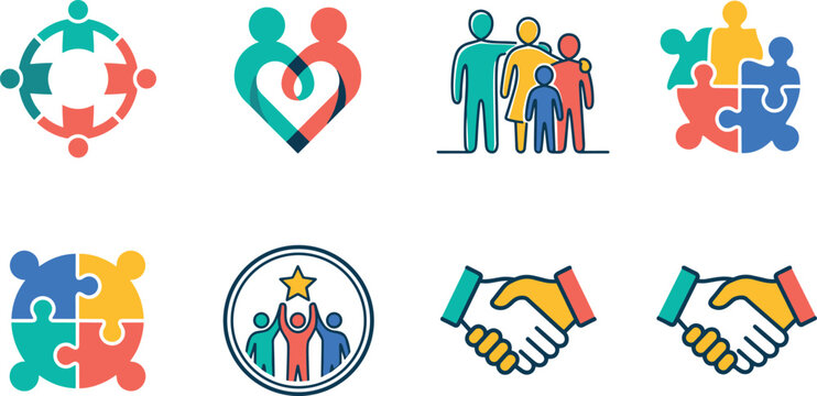 Teamwork partnership icon set community unity family handshake puzzle strategy collaboration business success vector illustration collection