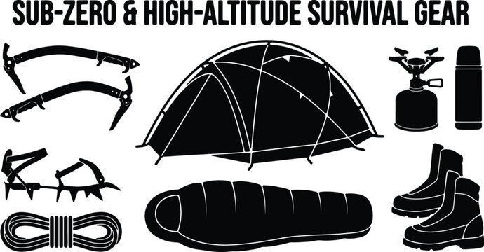 Sub-Zero & High-Altitude Survival Gear Icons: Ice Axes, Tent, Stove, Sleeping Bag, Boots, Rope, Thermos for Extreme Expedition Vector Set