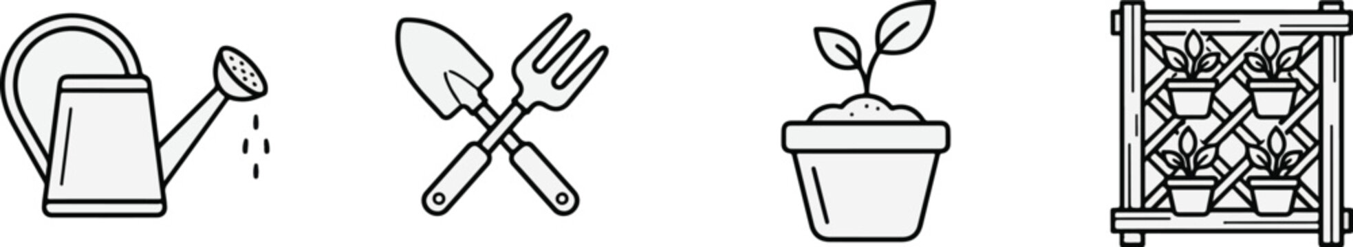 Urban gardening line art icon set featuring watering can, gardening tools, potted plant, and vertical garden trellis.