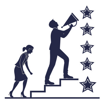 Businessman standing on stairs holding a megaphone with stars above self esteem business