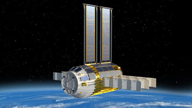 Artist depiction of an orbital data center concept consisting of a satellite with a cluster of  GPUs powered by a pair of large solar arrays and a system of radiators providing thermal management.