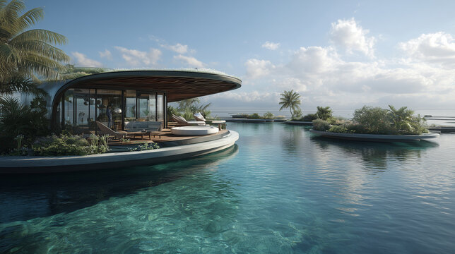 Photorealistic 3D render of circular over-water pavilion on turquoise shallow water with floating planted islands