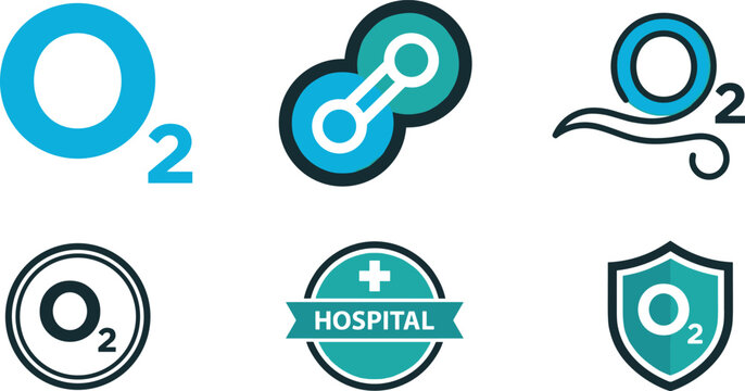 Oxygen O2 gas icon set medical hospital air chemical element health care shield vector illustration collection