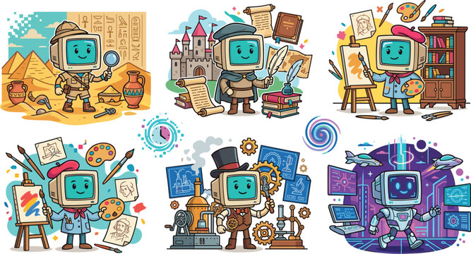 Cute computer monitor mascot time travel vector bundle featuring Egypt archaeologist medieval scribe Renaissance artist steampunk inventor and futuristic cyborg character sets