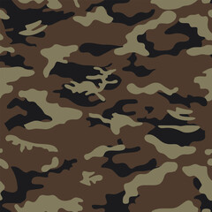 Fototapeta premium Seamless brown, olive green, and black camouflage pattern for fabric, hunting gear, tactical outfits, military design, outdoor accessories, and backgrounds