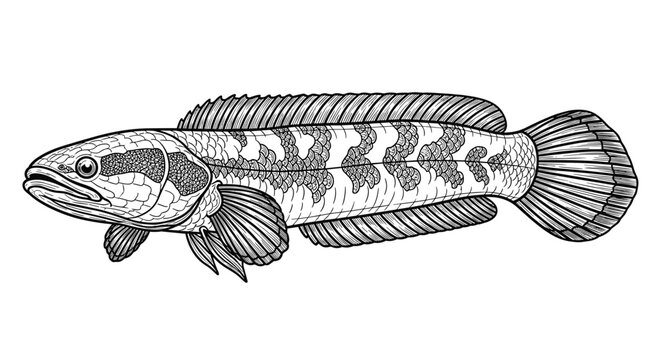 Detailed realistic drawing of a snakehead fish, highlighting its unique patterns and predatory appearance in a classic scientific illustration style.