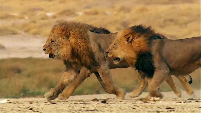 Majestic lions running together across a dusty savanna in Africa