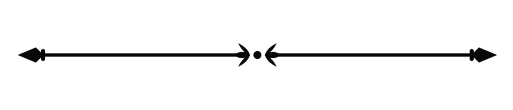 Elegant black horizontal line graphic with out wardpointing decorative arrowheads at both ends and inward pointing arrows converging on a central dot