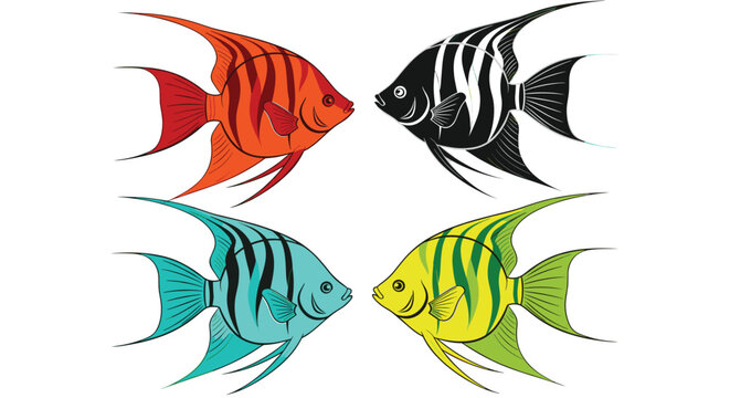 Group of four vibrantly colored angelfish with long elegant fins and bold stripes, featuring a variety of color palettes for tropical designs.