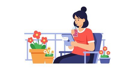 Fototapeta premium Young woman sitting on a balcony working on tablet and drinking. Modern flat vector illustration of remote work, digital lifestyle, and home relaxation.