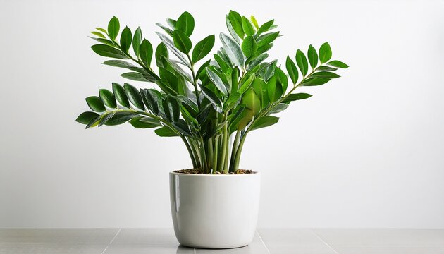 zamioculcas zamiifolia plant in a white pot isolated on a white background