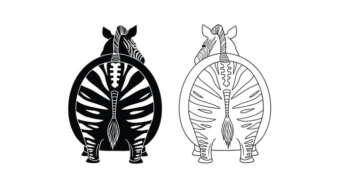 Unique rear view of a zebra highlighting its stripes, shown in both a solid black silhouette and a detailed line art version.