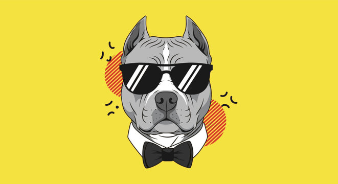 Cool pitbull dog head wearing sunglasses and a black bowtie on a vibrant yellow background with pop art style elements and dots.