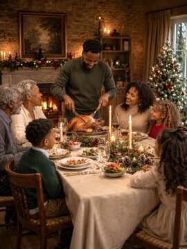 Englisches Weihnachtsessen mit Familie
Mehrgenerationen-Familie sitzt an festlicher Weihnachtstafel, ein Truthahn wird vor Kamin und Weihnachtsbaum serviert.