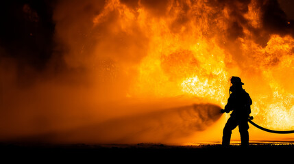 Obraz premium Firefighter silhouette fighting massive blaze with water hose, emergency rescue service, fire department response, burning structure, public safety, disaster control, smoke and fla