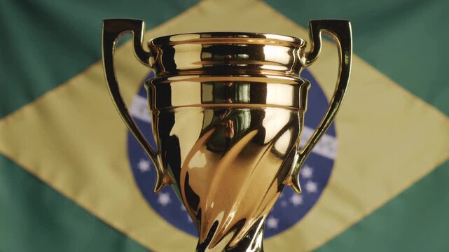 Close-up of a shiny gold trophy cup against the Brazilian flag background