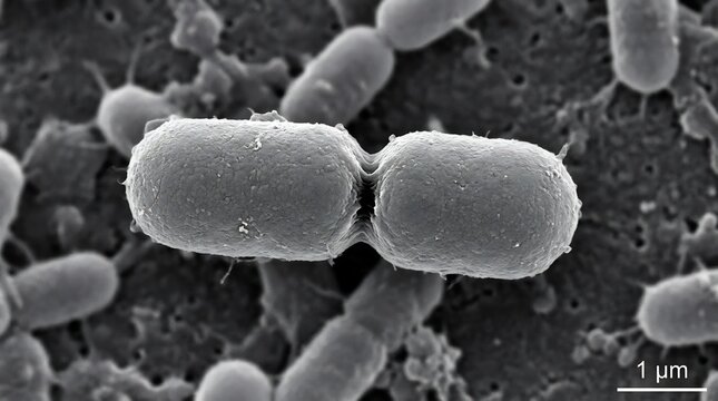 Scanning Electron Microscope Image of Bacteria Dividing.