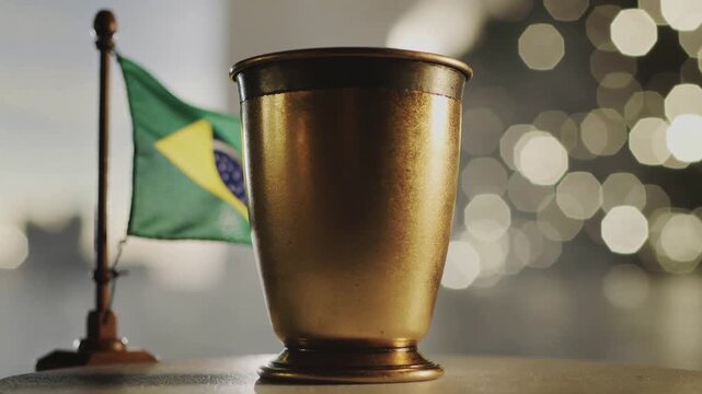 Close-up of a gold trophy cup next to a small Brazilian flag on a table with bokeh lights in the background.