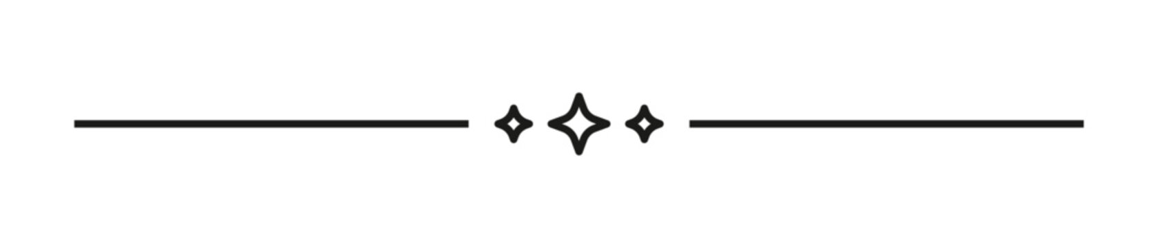 Elegant minimalist black line divider with three sparkling star icons for decorative design and text separation