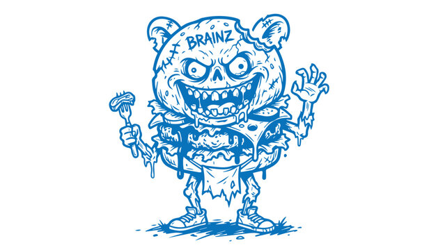 Evil zombie burger monster holding a fork and brains text with character