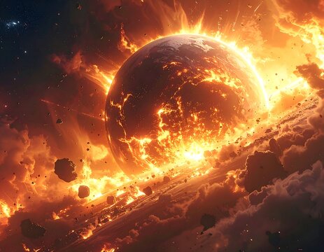 A catastrophic celestial body engulfed in flames and destruction