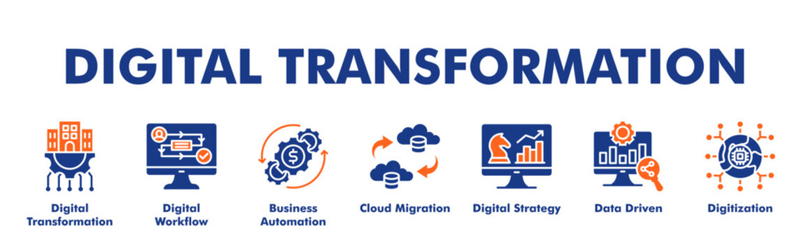 DIGITAL TRANSFORMATION web banner icon vector illustration concept with icon of Digital Transformation, Digital Workflow, Business Automation, Cloud Migration, Digital Strategy, Data Driven, Digitizat