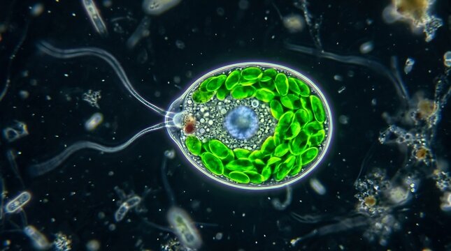 Microscopic view of Chlamydomonas reinhardtii a single-celled green alga.