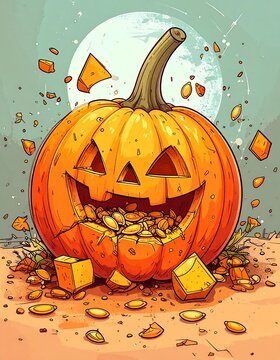 A cartoonish jack-o'-lantern with a wide grin and missing chunks sits on the ground amidst scattered pumpkin pieces under a full moon