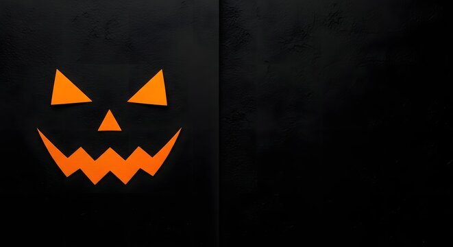 Minimalist halloween jackolantern face made of orange paper cutouts on a textured black background