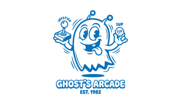 Retro arcade ghost mascot logo design with joysticks joystick character