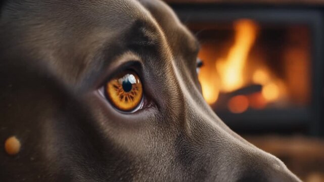 Extreme close up of a black Great Dane blinking by a fireplace