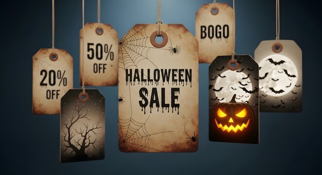 Halloween sale hanging price tags with pumpkin, bats and spider webs