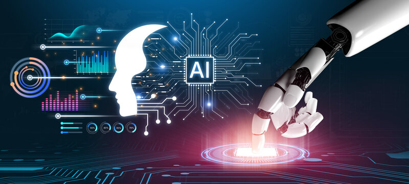 Human profile and AI circuit symbolize cognition, learning and data analytics, illustrating decision intelligence, forecasting and innovation for modern business and research. Corpus
