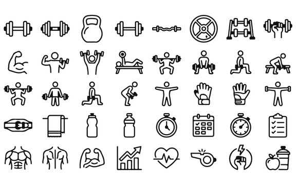 Fitness and wellness line icons set gym exercise and healthy lifestyle