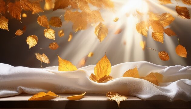 light streams through falling golden leaves onto draped white fabric