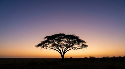 Fototapeta premium Solitary Ancient Tree Silhouetted Against Minimalist Gradient Sunset Sky