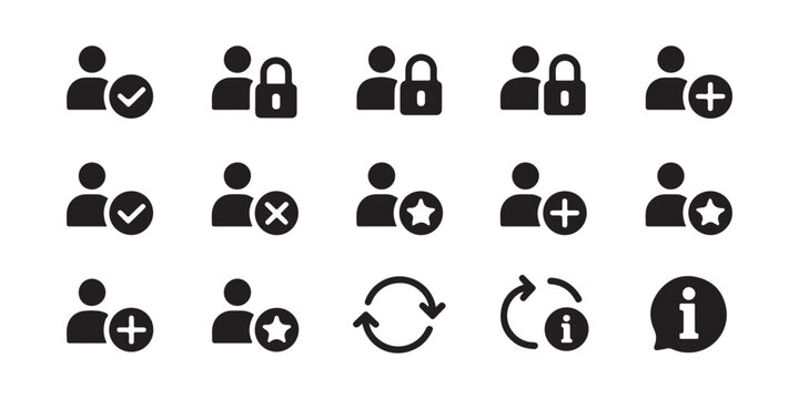 Set of status and management icons for personal profiles showing verification security and add.