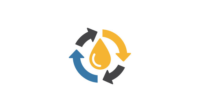 Oil recycling icon with circular arrows and a central drop symbol.
