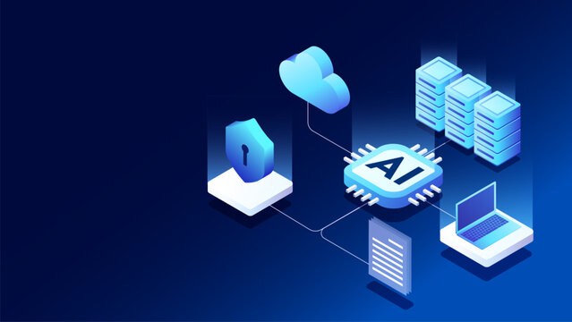 Isometric vector illustration of an Agentic AI microchip processor connected to a cloud, security shield, laptop, and datacenter servers. Futuristic cyber security data privacy background copy space.