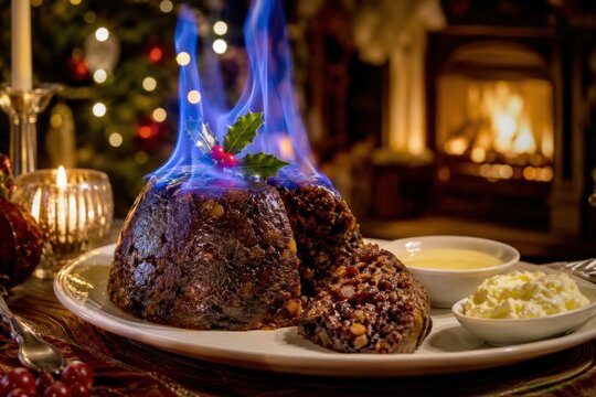 Flambierter britischer Weihnachtspudding
Traditioneller Weihnachtspudding mit blauer Flamme, Stechpalme, Vanillesauce und Sahne vor Kamin und Weihnachtsbaum.