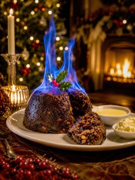 Flambierter britischer Weihnachtspudding
Traditioneller Weihnachtspudding mit blauer Flamme, Stechpalme, Vanillesauce und Sahne vor Kamin und Weihnachtsbaum.