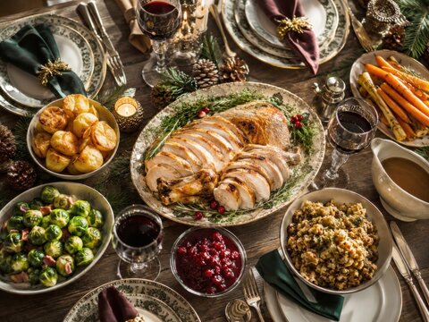 Festliches britisches Weihnachtsdinner
Eleganter Weihnachtstisch mit geschnittenem Truthahn, Rosenkohl, Kartoffeln, Gem&uuml;se, Sauce und klassischer Festdekoration.