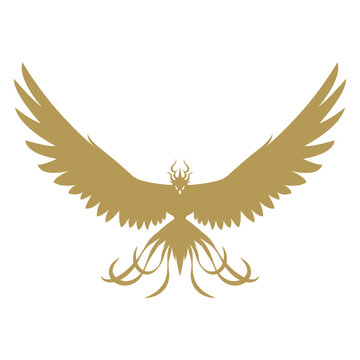 Golden Eagle Falcon Silhouette with Long Decorative Tail Feathers Vector Illustration