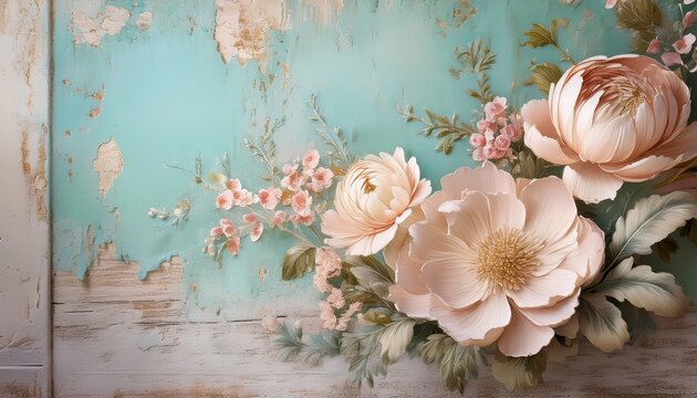 beautiful realistic floral decoration against vintage shabby chic wall with peeling paint in soft pastels and textured background