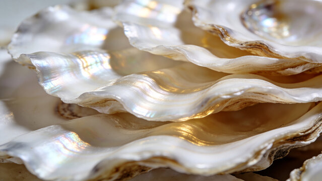 Layered oyster shell texture with pearlescent highlights and soft waves