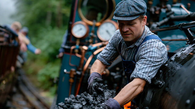 Heritage railway fireman shovels coal into the firebox of a fully operational narrow-gauge steam engine as the locomotive driver monitors pressure gauges from the footplate cabin while enthusiast pa
