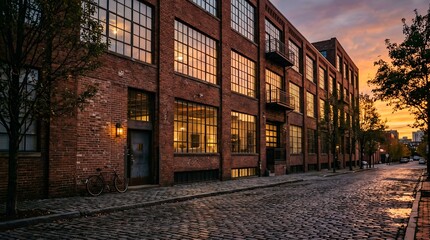 Fototapeta premium Historic Brick Warehouse Exterior at Sunset with Cobblestone Street