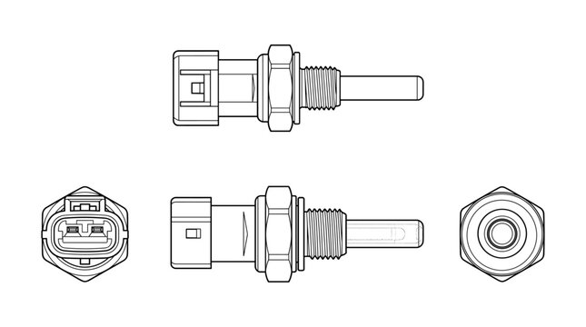 Coolant temperature sensor automotive electronic component technical drawing blueprint with front side back and sectional views CAD line art vector illustration