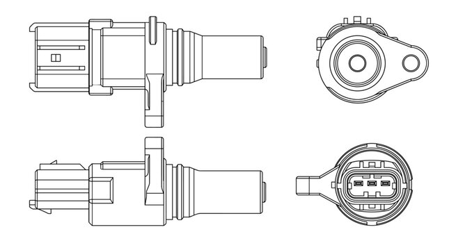 Crankshaft position sensor automotive electronic component technical drawing blueprint with front side back and sectional views CAD line art vector illustration
